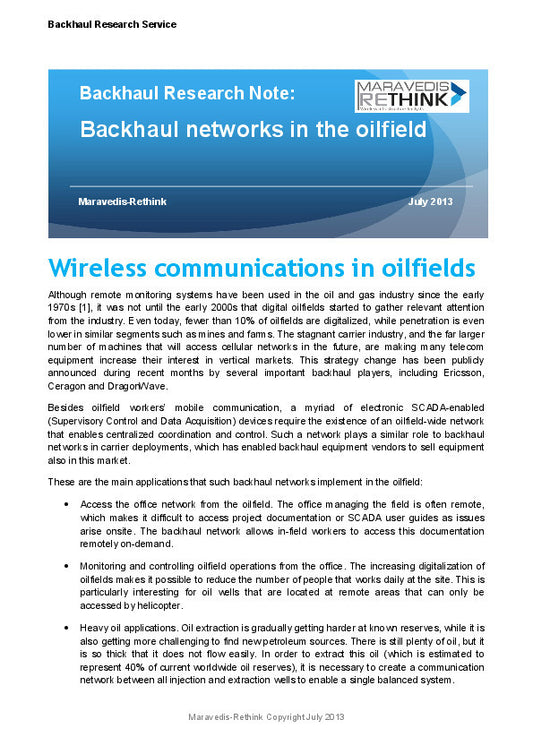 Backhaul Research Note: Backhaul networks in the oilfield