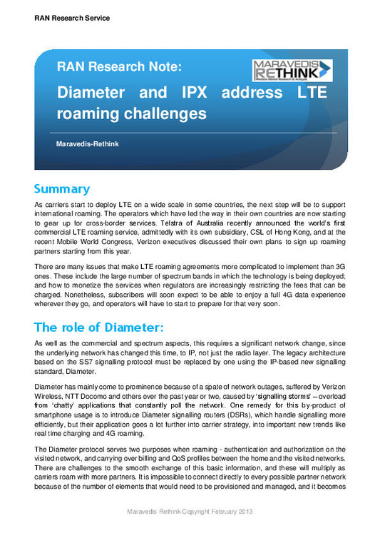 RAN Research Note: Diameter and IPX address LTE roaming challenges