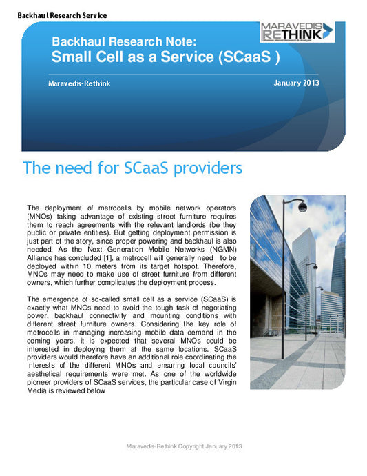 Backhaul Research Note: Small cell as a service (SCaaS)