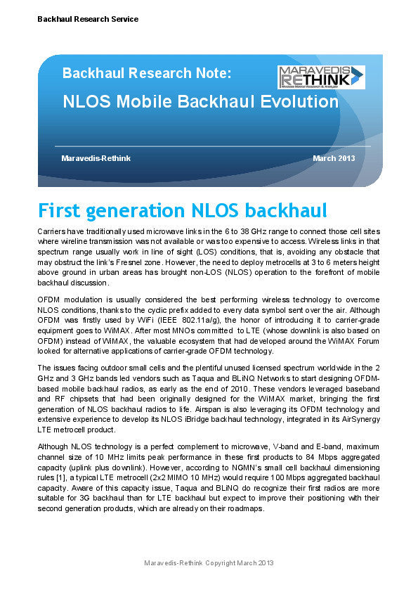 Backhaul Research Note: NLOS Mobile Backhaul Evolution