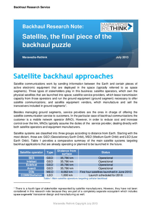 Backhaul Research Note: Satellite for Cellular Backhaul Applications