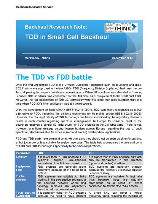 Backhaul Research Note:TDD in Small Cell Backhaul