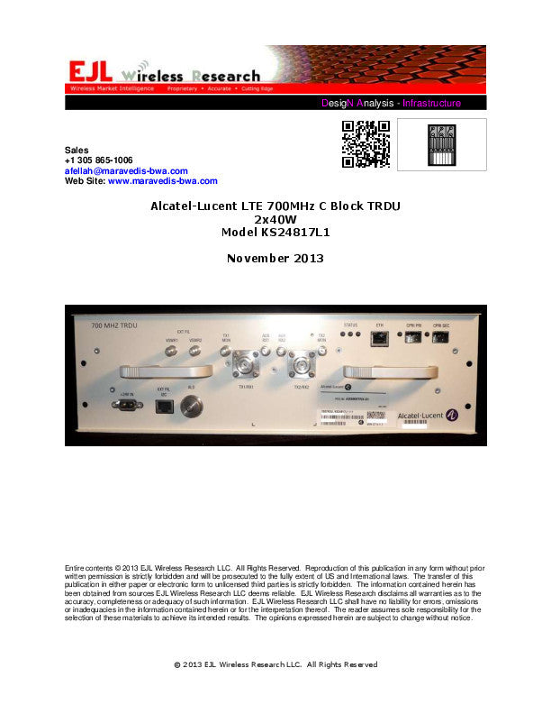 Alcatel-Lucent LTE 700MHz C Block TRDU 2x40W Model KS24817L1- December 2013