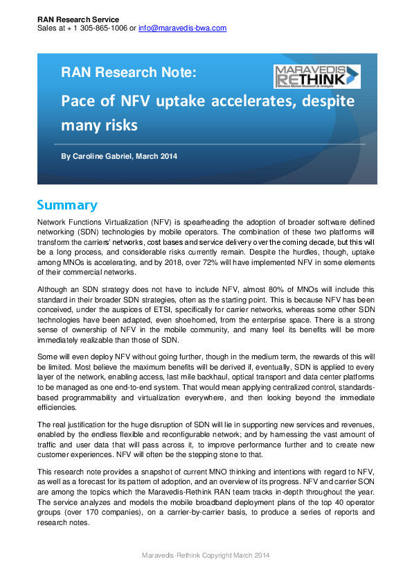 RAN Research Note: Pace of NFV uptake accelerates, despite many risks