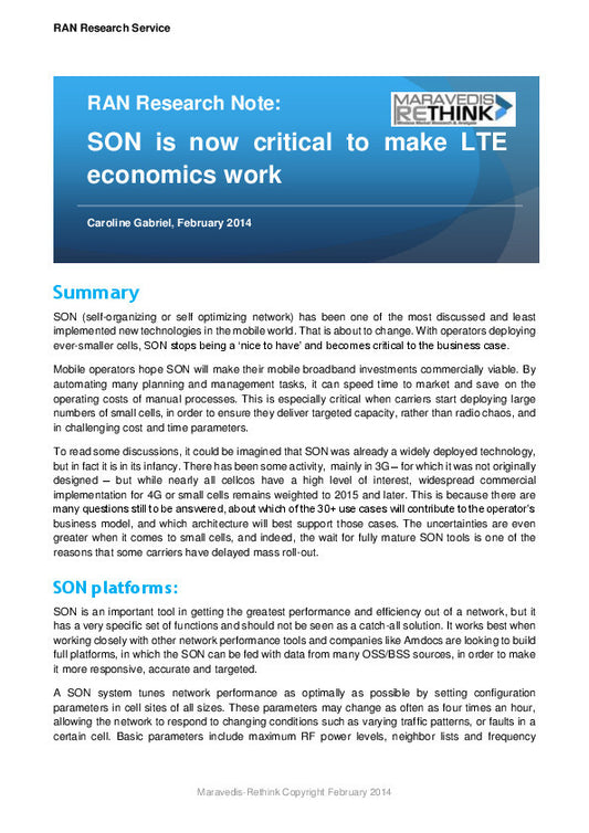 RAN Research Note: SON is now critical to make LTE economics work