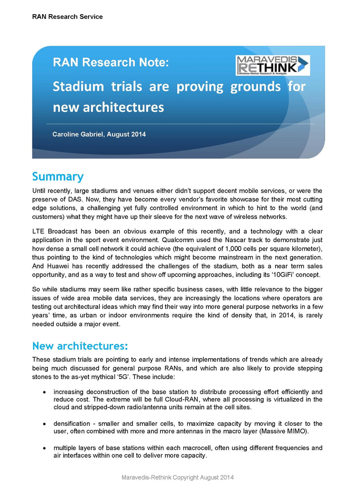 RAN Research Note: Stadium trials are proving grounds for new architectures