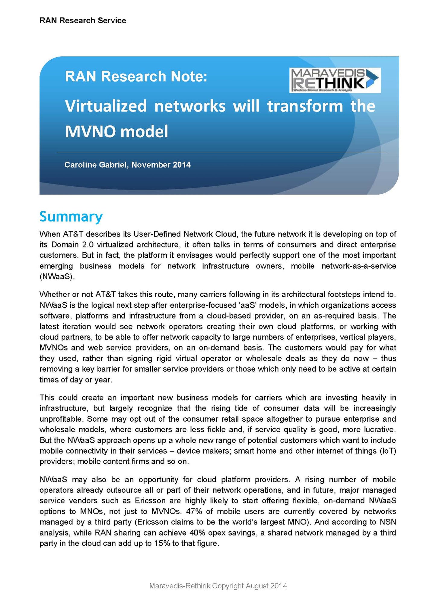 RAN Research Note: Virtualized networks will transform the MVNO model