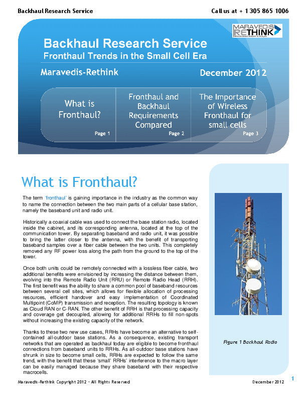 Backhaul Research Note: Fronthaul trends in the small cell era
