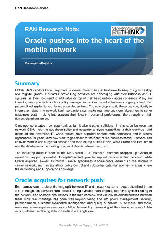RAN Research Note: Oracle pushes into the heart of the mobile network