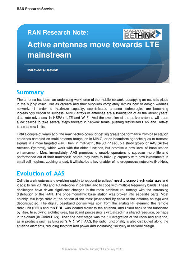RAN Research Note: Active antennas move towards LTE mainstream