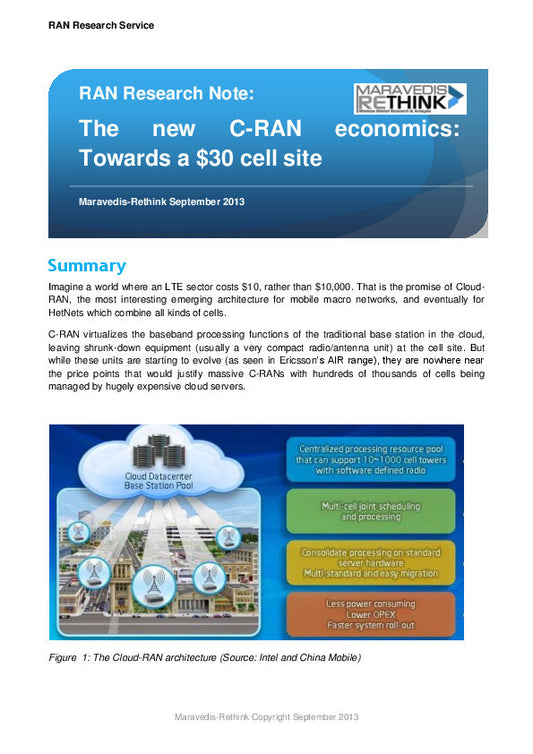 RAN Research Note: The new C-RAN economics: Towards a $30 cell site