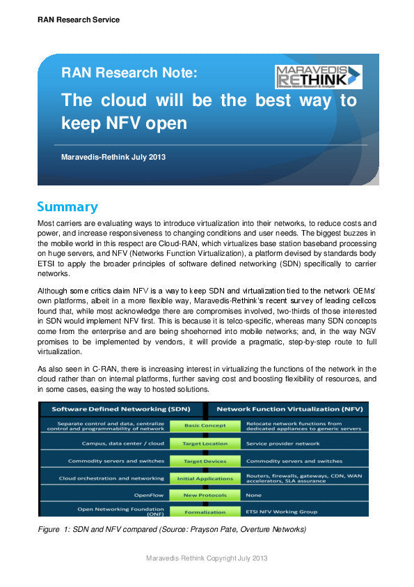 RAN Research Note: The cloud will be the best way to keep NFV open