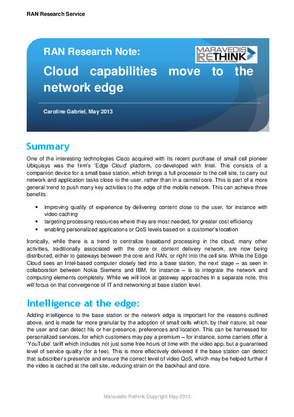RAN Research Note: Cloud capabilities move to the network edge