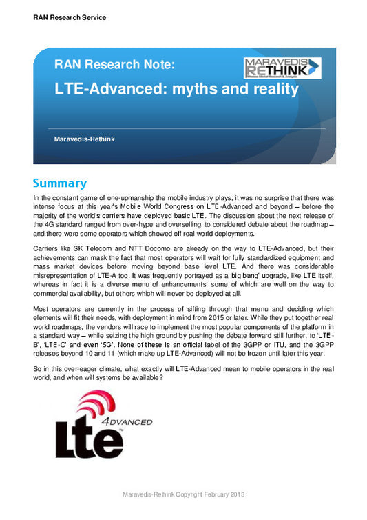 RAN Research Note: LTE-Advanced: myths and reality