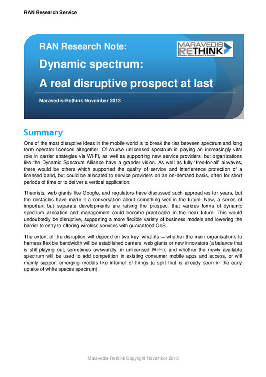 RAN Research Note: Dynamic spectrum: A real disruptive prospect at last