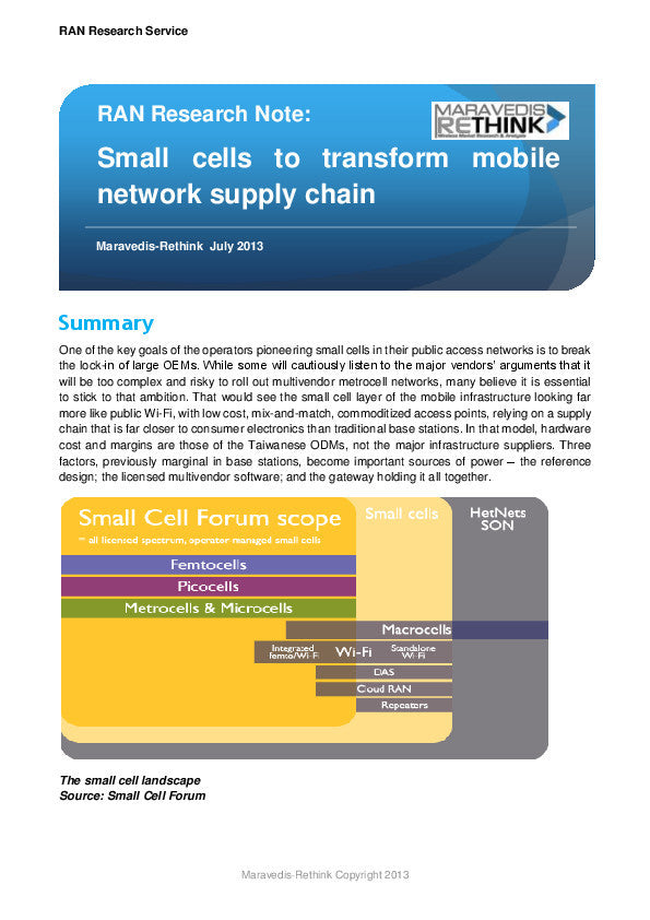 RAN Research Note: Small cells to transform mobile network supply chain