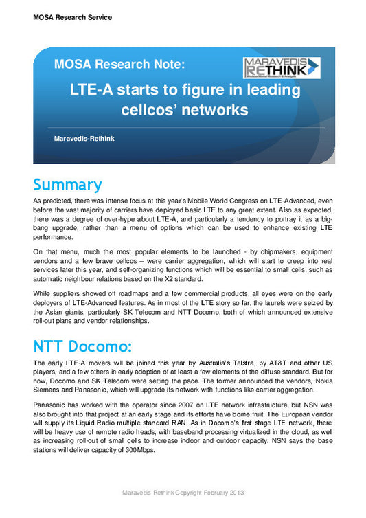 MOSA Research Note: LTE-A starts to figure in leading cellcos' networks